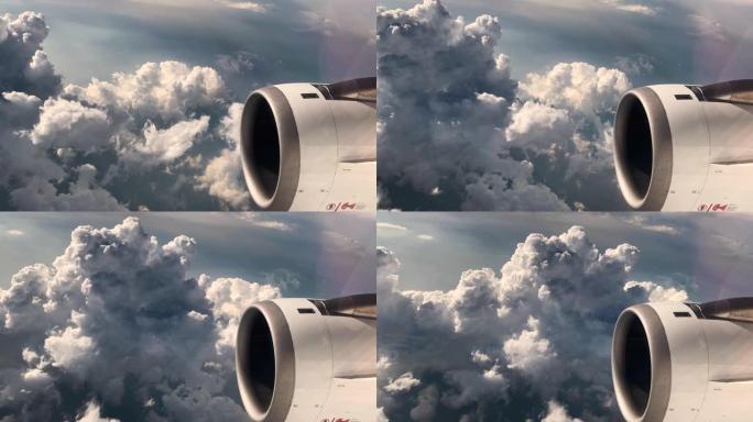 飞越云层高空视角云层飞机引擎