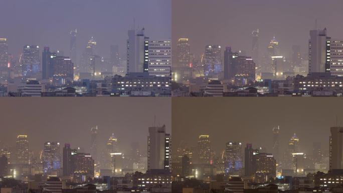 曼谷PM2.5粉尘空气污染下的夜间建筑物; 平移运动