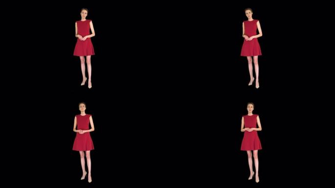 穿着红色连衣裙的年轻女子兴奋地对着镜头说话，阿尔法频道
