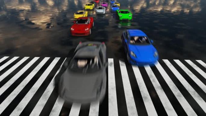 许多3D速度赛车在人行横道上穿越
