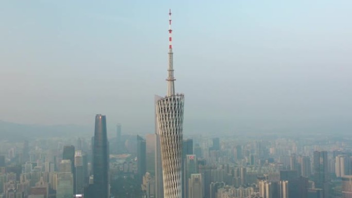 阳光明媚的夜晚广州城市著名塔顶市中心区域空中全景4k中国