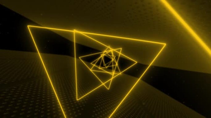 未来派霓虹灯三角隧道。发光二极管灯和移动、旋转摄像机。宏伟的3D渲染。