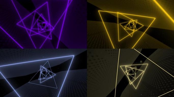 未来派霓虹灯三角隧道。发光二极管灯和移动、旋转摄像机。宏伟的3D渲染。