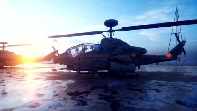 军用直升机准备在一望无际的蓝色海洋中，于清晨从航空母舰上起飞。