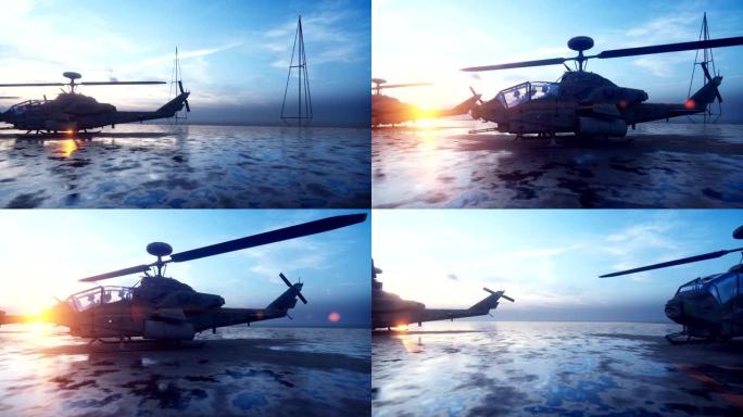 军用直升机准备在一望无际的蓝色海洋中，于清晨从航空母舰上起飞。