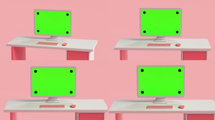 粉色白色电脑绿屏显示3d渲染运动