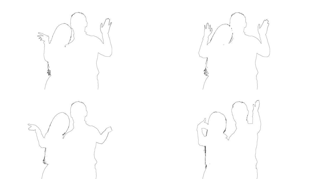 肖像素描的轮廓浪漫夫妇正在拥抱和挥手致意。剪影。白色背景