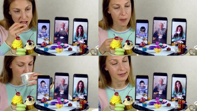 年轻女子通过视频通话在玩具桌上喝茶时与家人交流