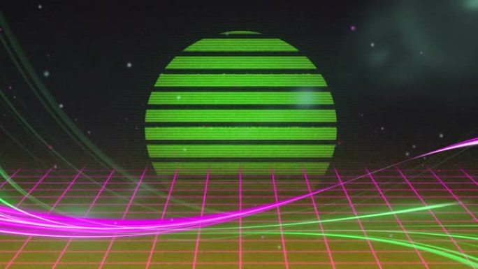 绿色圆圈在粉红色网格上发光的动画在无缝循环中移动