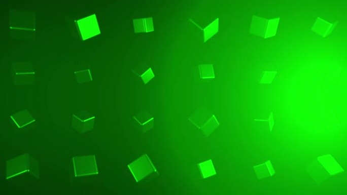 抽象的绿色立方体在绿色背景上排成一排，光晕向不同方向旋转。动画。3D霓虹灯几何图形，运动图形概念。