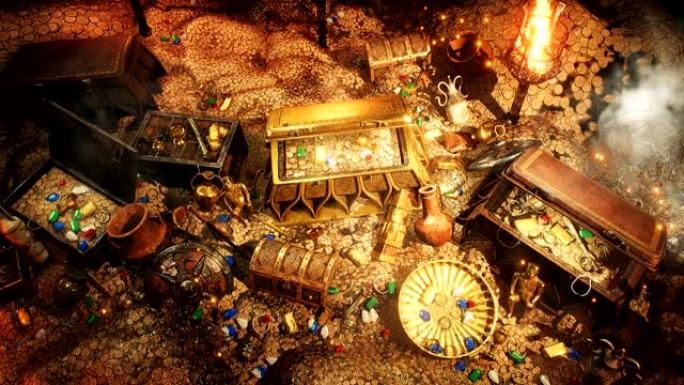 废弃洞穴中的宝藏和珠宝。硬币、钻石和金宝。很多珠宝，金小雕像，祖母绿，手镯和箱子。