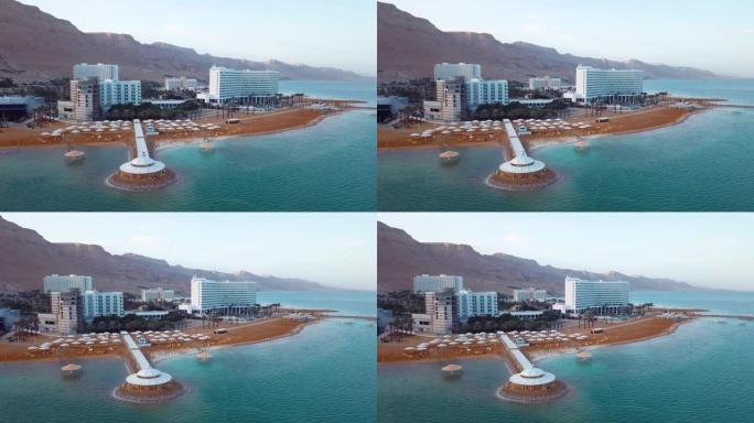 豪华酒店和死海海滩4k鸟瞰图
