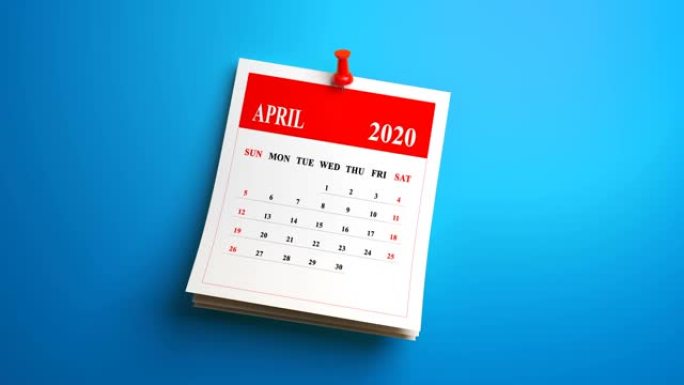 蓝色背景上的日历2020年循环4月月份页面