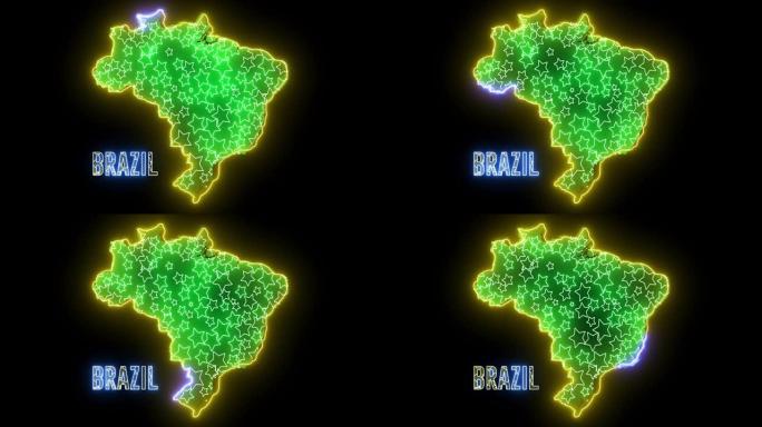 抽象创意霓虹灯巴西地图。巴西地理轮廓与闪亮的发光二极管灯。