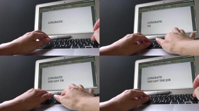 双手在电脑笔记本电脑上输入祝贺词。