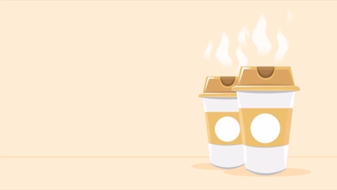 咖啡屋徽章蒸汽纸杯中的热咖啡，米色背景。两个没有标志的杯子。2d动画、卡通、视频剪辑