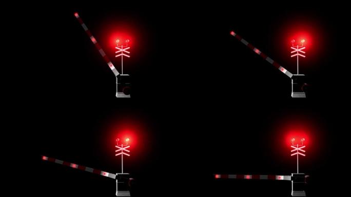 铁路道口工作的3d动画。过往车辆。铁路的障碍