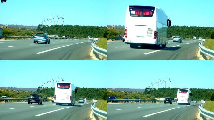 背景上带有太阳能电池板的高速公路，用于清洁能源的产生