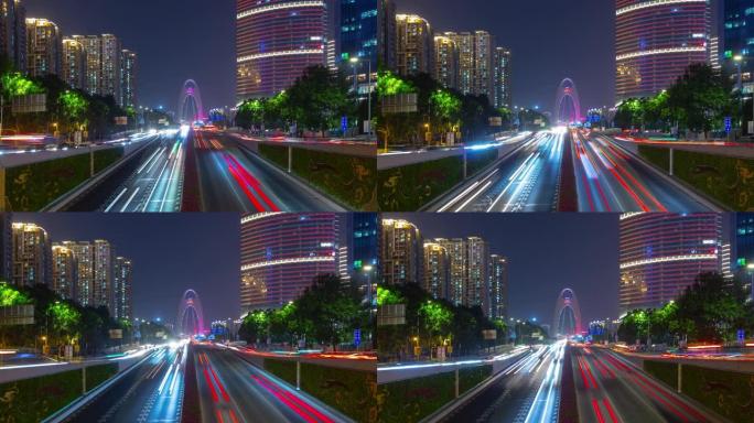 瓜州市市区著名交通道桥夜间照明延时全景4k中国