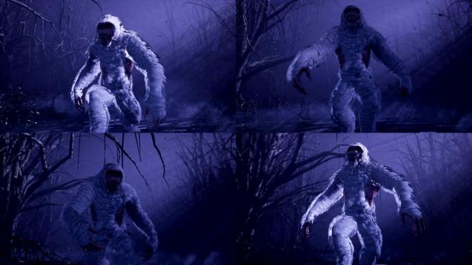 大脚怪在晚上穿过迷雾笼罩的神秘森林。雪人正走在黑暗的可怕森林里。神话、小说或幻想背景的动画。