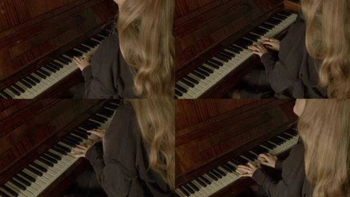 年轻女子专业热情地演奏古典钢琴