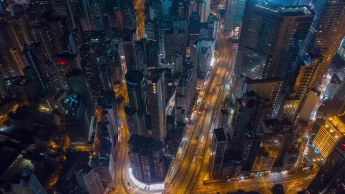 夜间照明飞行在香港市区交通空中俯拍全景4k延时