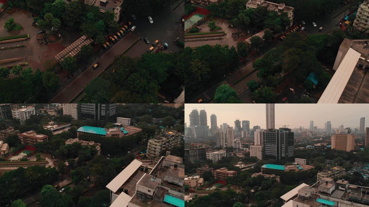在印度孟买市，空中，倾斜，无人机射击，高于交通