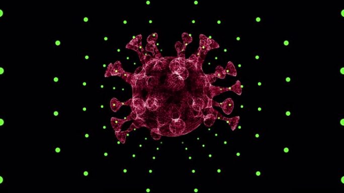 通过电绿光点的隧道漂浮的抽象红色病毒细胞模型的3D渲染。