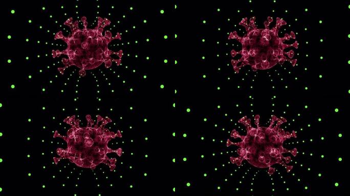 通过电绿光点的隧道漂浮的抽象红色病毒细胞模型的3D渲染。