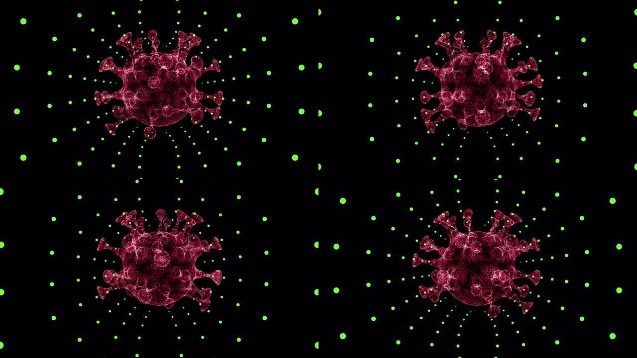 通过电绿光点的隧道漂浮的抽象红色病毒细胞模型的3D渲染。