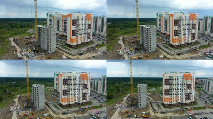 在建高层住宅小区的鸟瞰图。绿区公寓楼建设。正在建设中的多层现代住宅小区