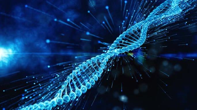 具有景深的DNA再生螺旋动画。视觉，生物学，生物技术，化学，科学，医学，化妆品，运动背景，医学仪表板