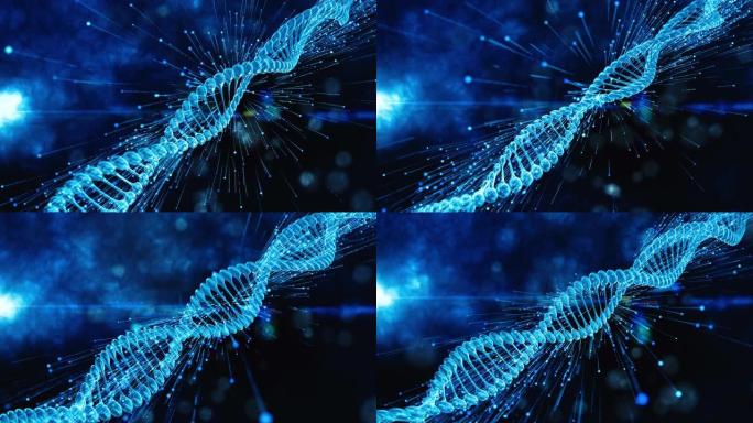 具有景深的DNA再生螺旋动画。视觉，生物学，生物技术，化学，科学，医学，化妆品，运动背景，医学仪表板