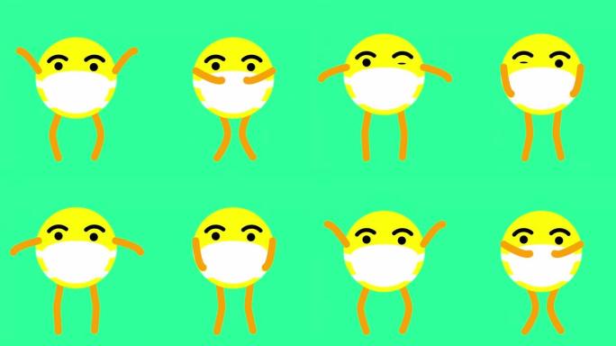 有趣的表情符号在一次性医用口罩做练习或跳舞。呆在家里做练习概念。4k动画