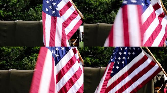 夏季晴天，美国国旗在风中挥舞。