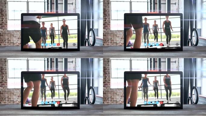 平板电脑动画显示一个白人妇女在锻炼。冠状病毒传播