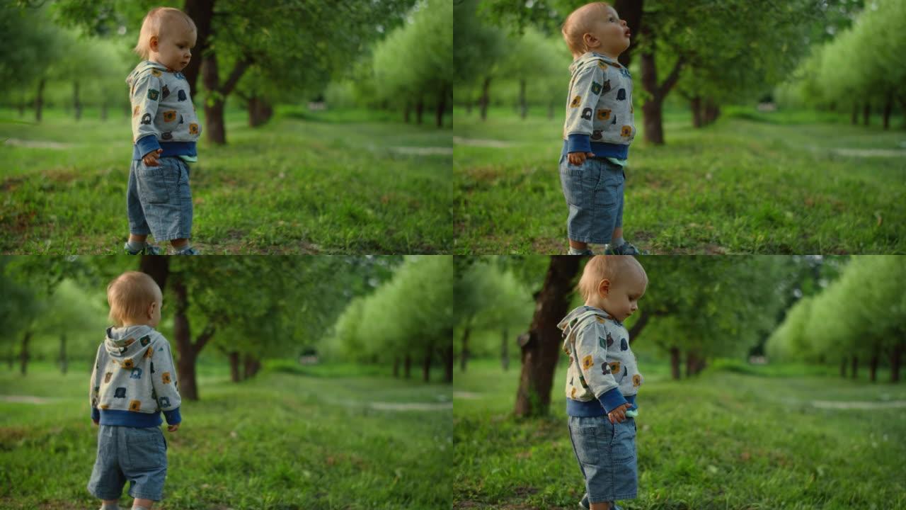 小孩抬头看着飞球。有趣的蹒跚学步走在绿色森林。