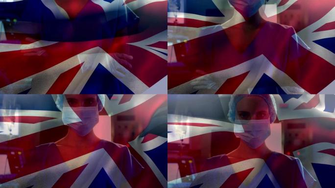 冠状病毒大流行期间背景为医护人员的英国国旗动画