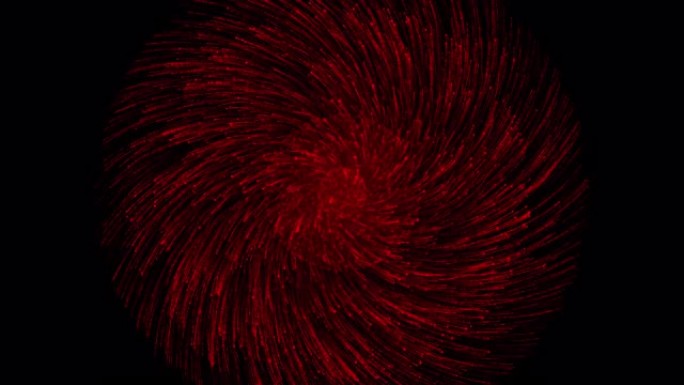 黑色背景上的抽象螺旋旋转发光红线，无缝循环。动画。线和粒子的快速运动和旋转。