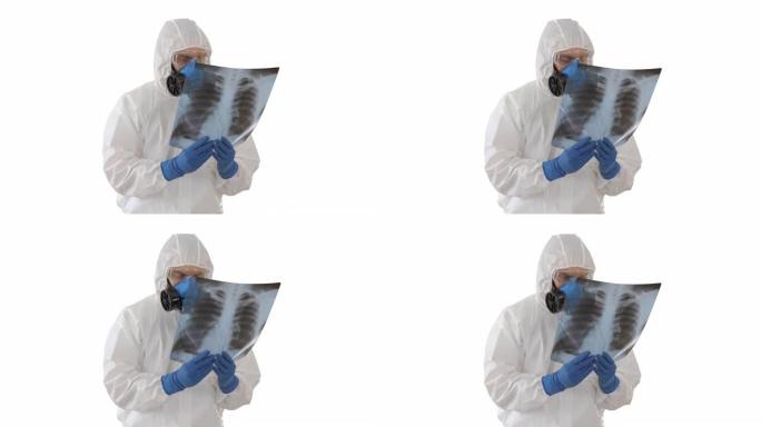 穿着白色危险品防护服的医生检查和扫描弓步x光寻找白色背景上的流行病病毒