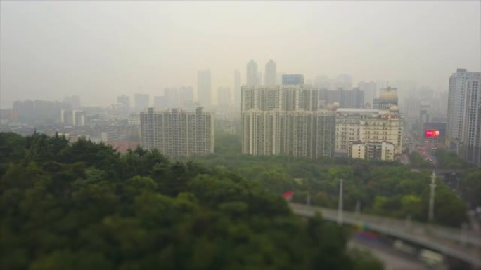 白天烟雾武汉城市空中公园全景4k倾斜移位中国