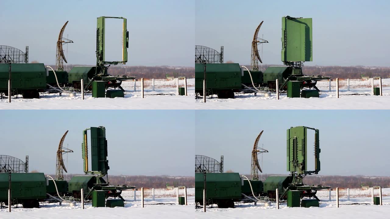 绿色军用雷达站在冬季旋转。