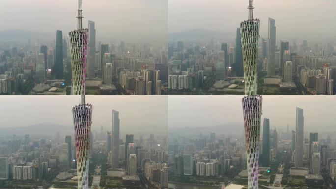 日落时间照明广州市市中心著名塔顶空中全景4k中国