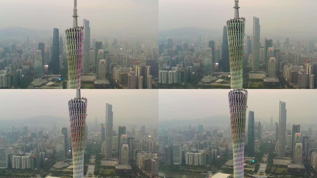 日落时间照明广州市市中心著名塔顶空中全景4k中国
