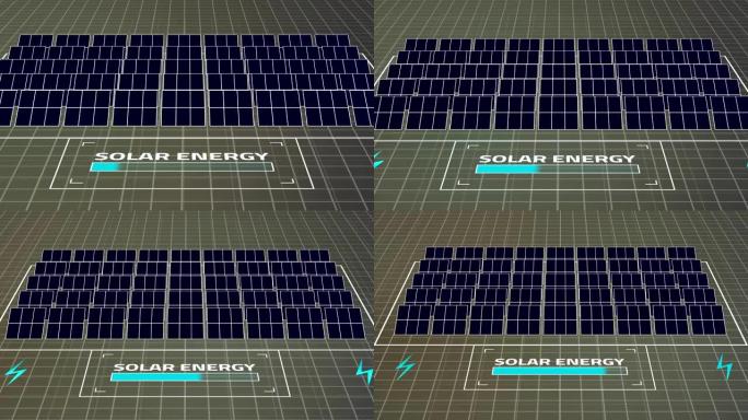 带有太阳能电池板农场的绿色星球的动画概念，带有电荷水平的指示以及电力和铭文能源的图像