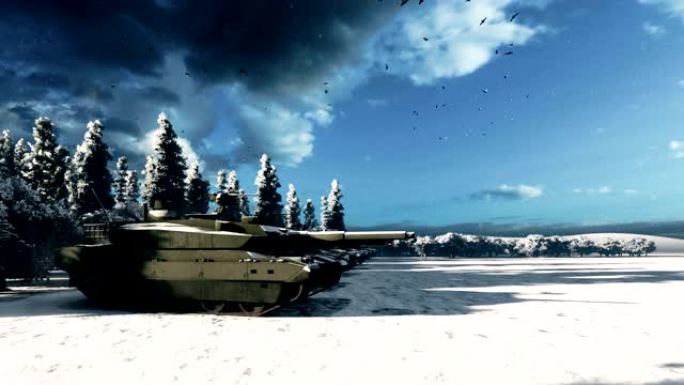 冬季战场中的一辆军用坦克向敌方目标射击。军队的特殊行动。