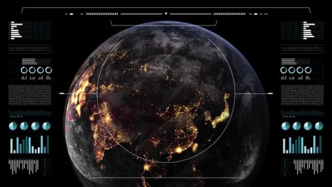 分析显示上的地球。3d地面地球动画，夜景。世界数据技术HUD接口4k。
