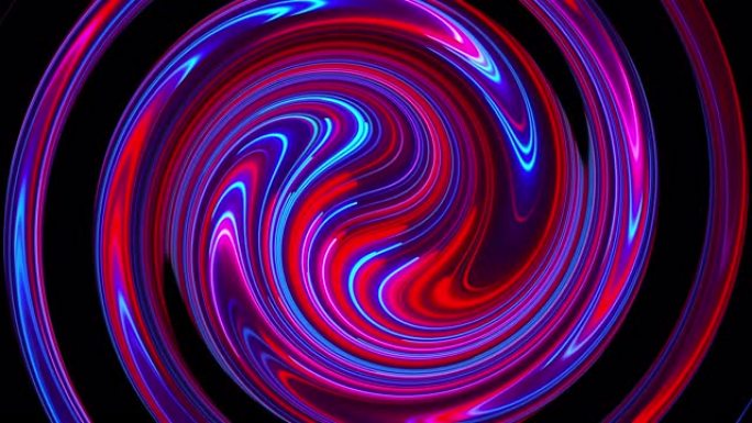 计算机生成的抽象扭曲背景。霓虹灯彩线的3D渲染圆形合并