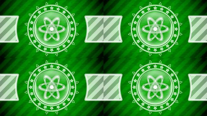 圆形和绿色条纹背景中的原子图标。插图。