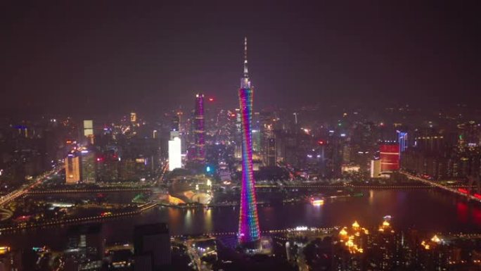 夜景照明广州市现代市中心交通著名塔河畔湾空中全景4k中国